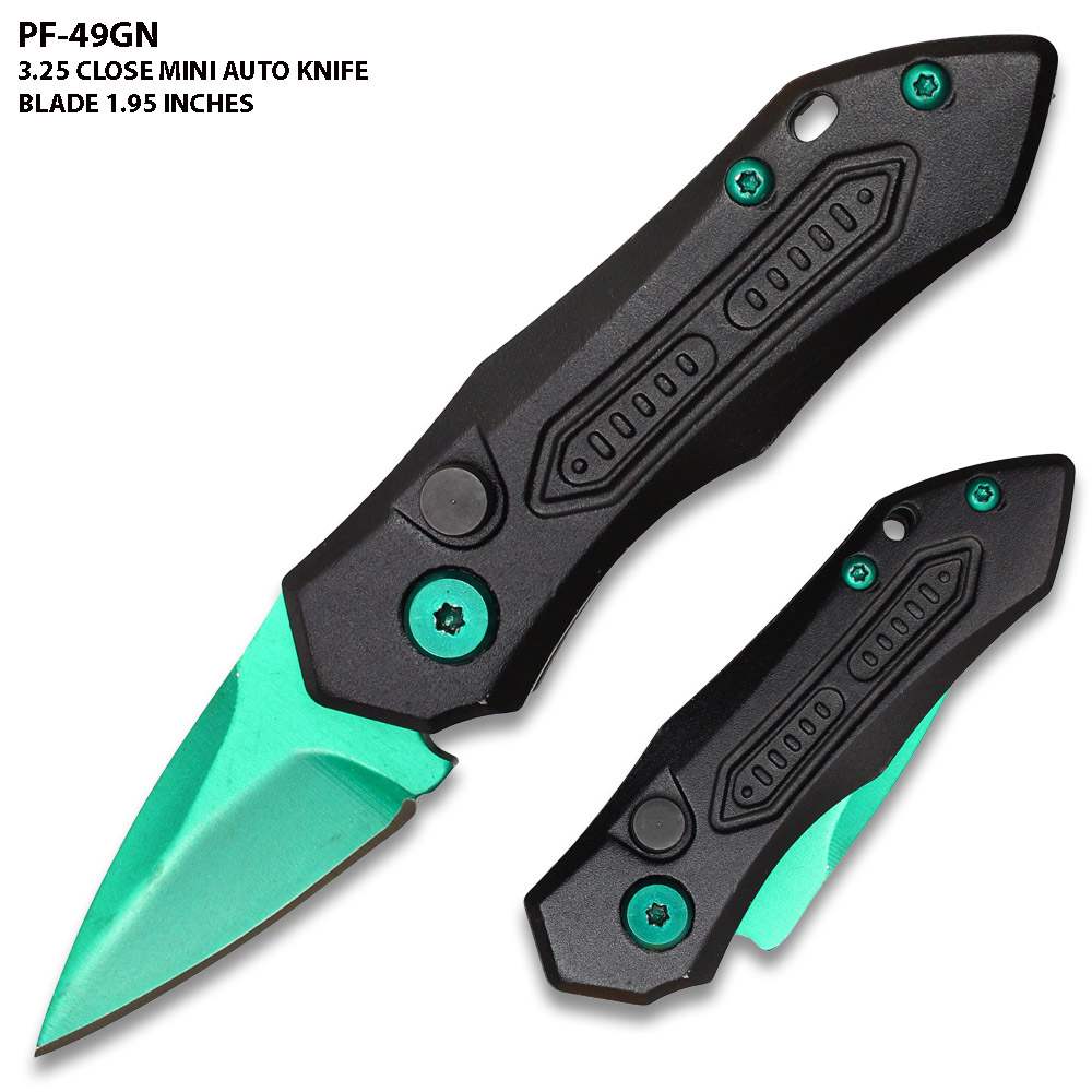 New Green Blade  Push Button 5 Inches Overall Legal Auto Knife Black  Handle