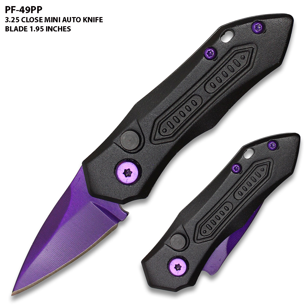 New purple Blade  Push Button 5 Inches Overall Legal Auto Knife Black  Handle
