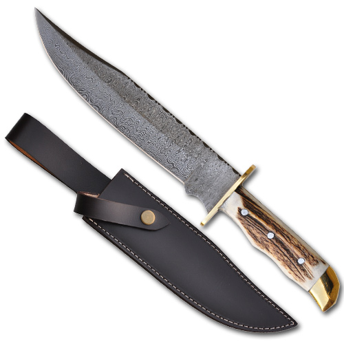 STAG HANDLE DAMASCUS HUNTING KNIFE