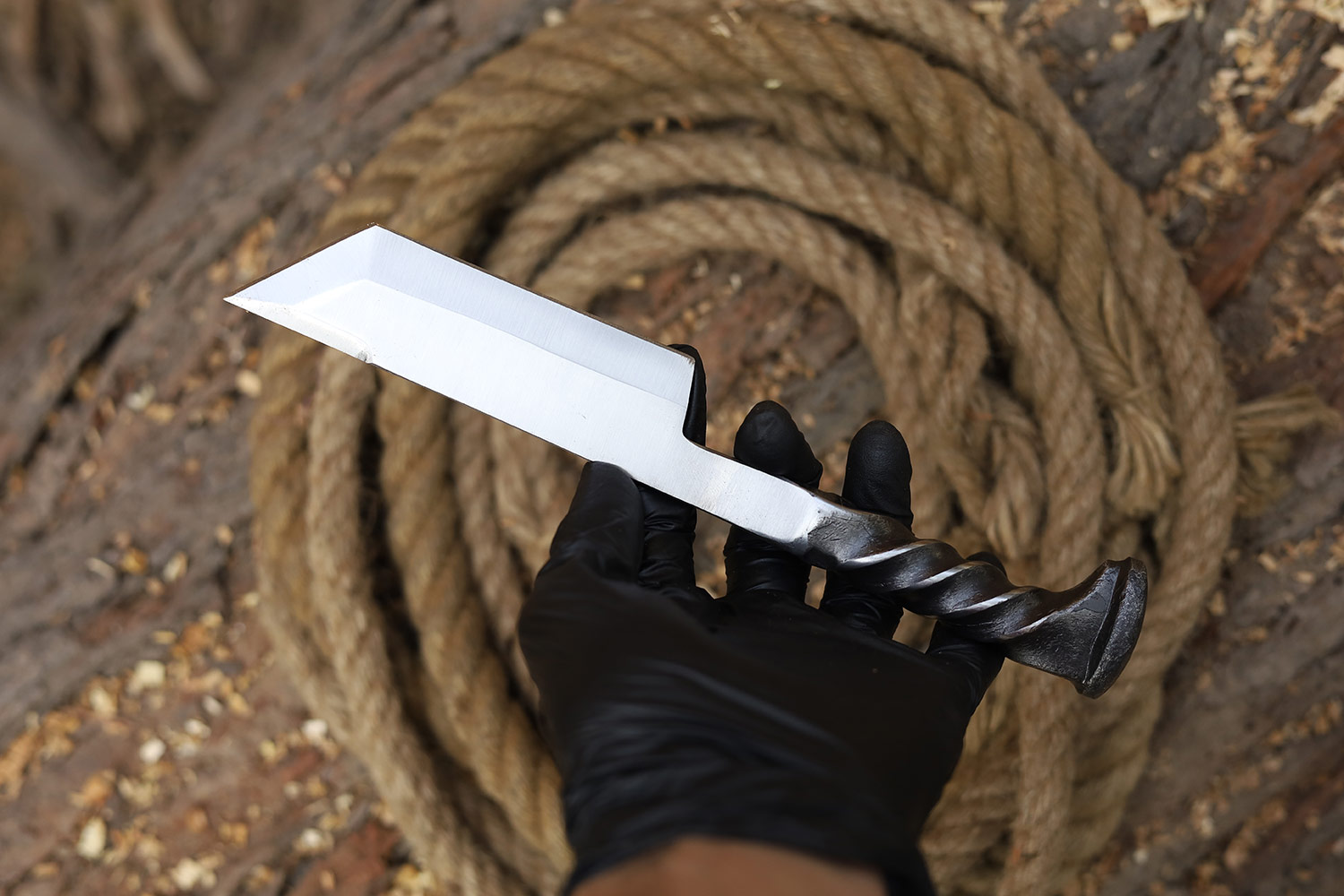 Twisted Railroad Spike Carbon Steel Japanese Tanto Knife Silver Finish