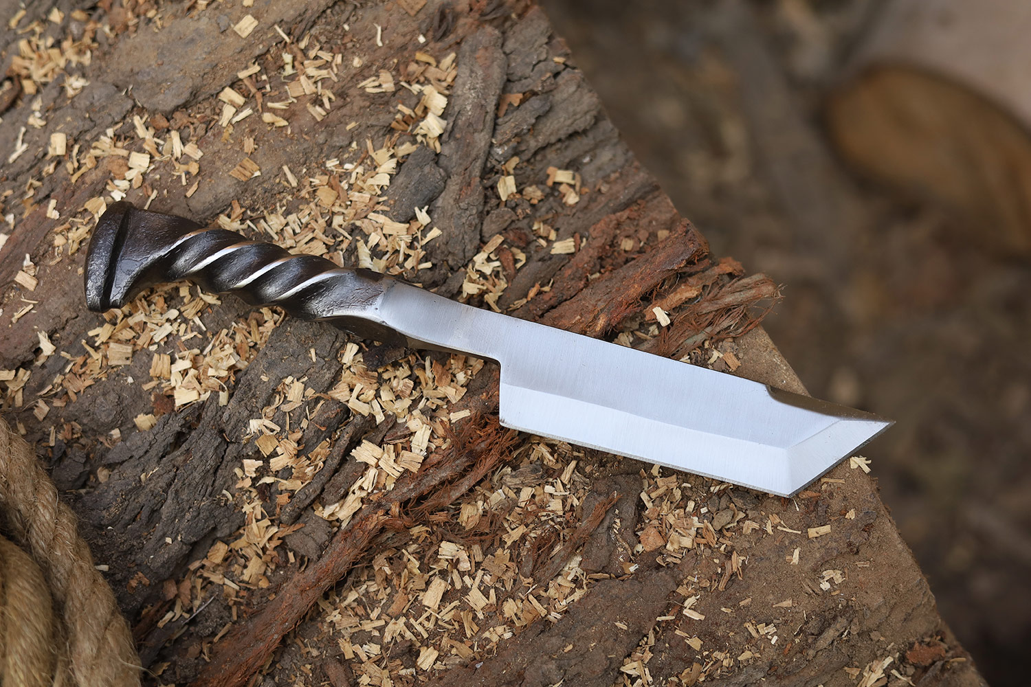 Twisted Railroad Spike Carbon Steel Japanese Tanto Knife Silver Finish