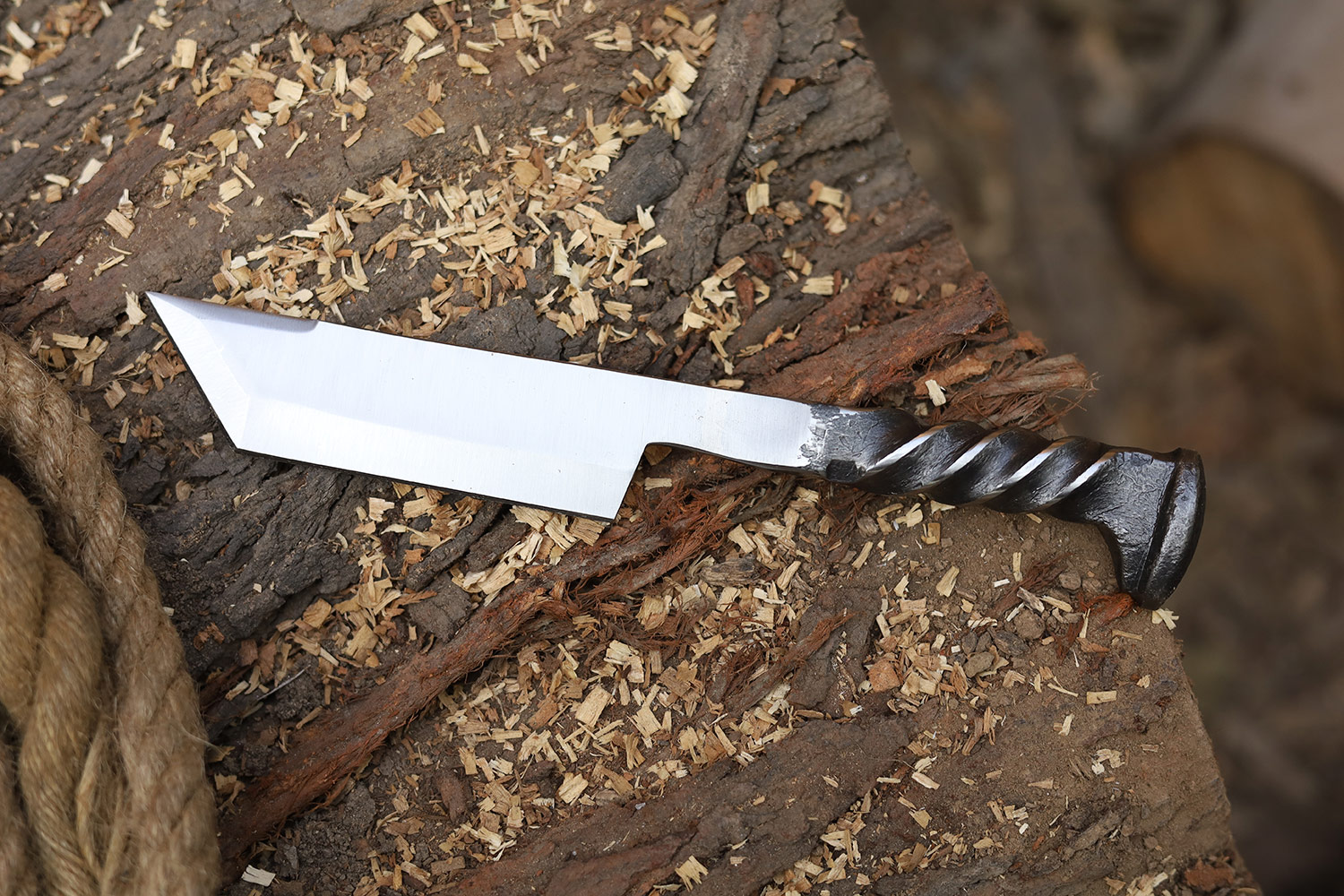 Twisted Railroad Spike Carbon Steel Japanese Tanto Knife Silver Finish