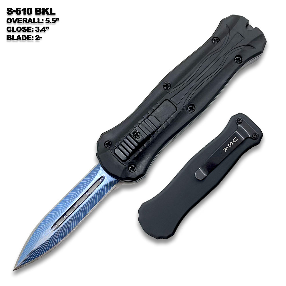 5.5" Spear Point Blue Etched OTF Knife Tactical Edge Black Handle