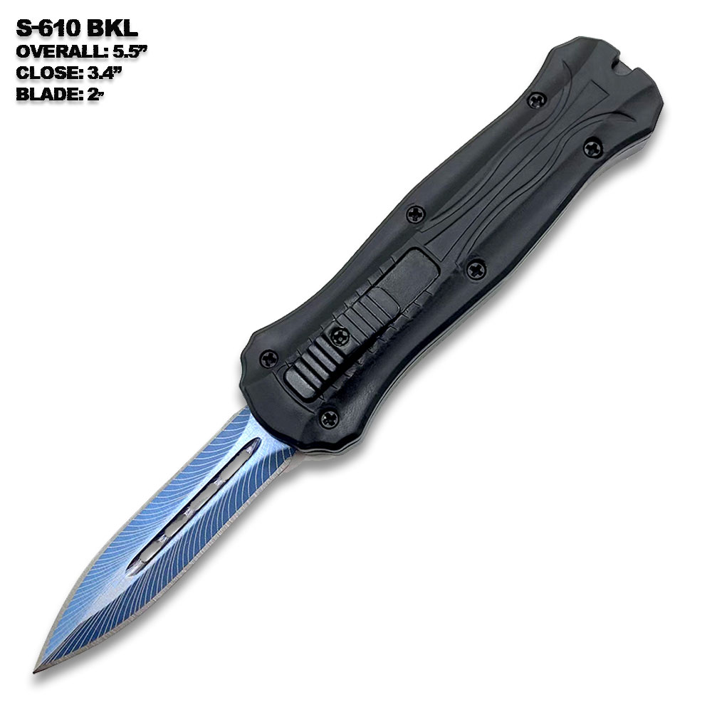 5.5" Spear Point Blue Etched OTF Knife Tactical Edge Black Handle