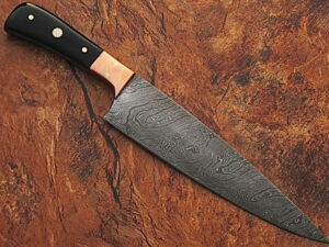 Custom Made Damascus Steel Chef Knife Buffalo Horn Handle & Copper