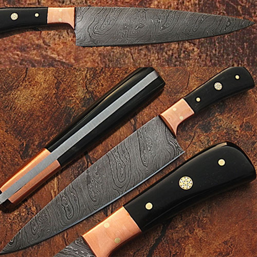 Custom Made Damascus Steel Chef Knife Buffalo Horn Handle & Copper