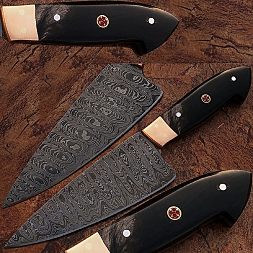 Custom Made Damascus Steel Chef Knife Buffalo Horn Handle Copper