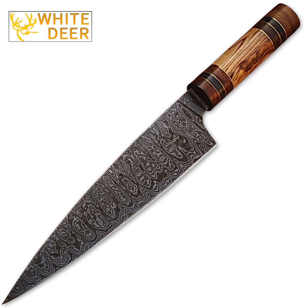Custom Made Damascus Steel Olive wood ,Hard wood Handle