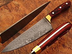 Custom Made Damascus Brass Guard Chef Knife Frost Wood Handle