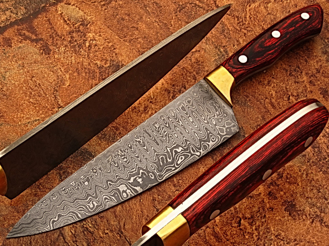 Custom Made Damascus Brass Guard Chef Knife Frost Wood Handle