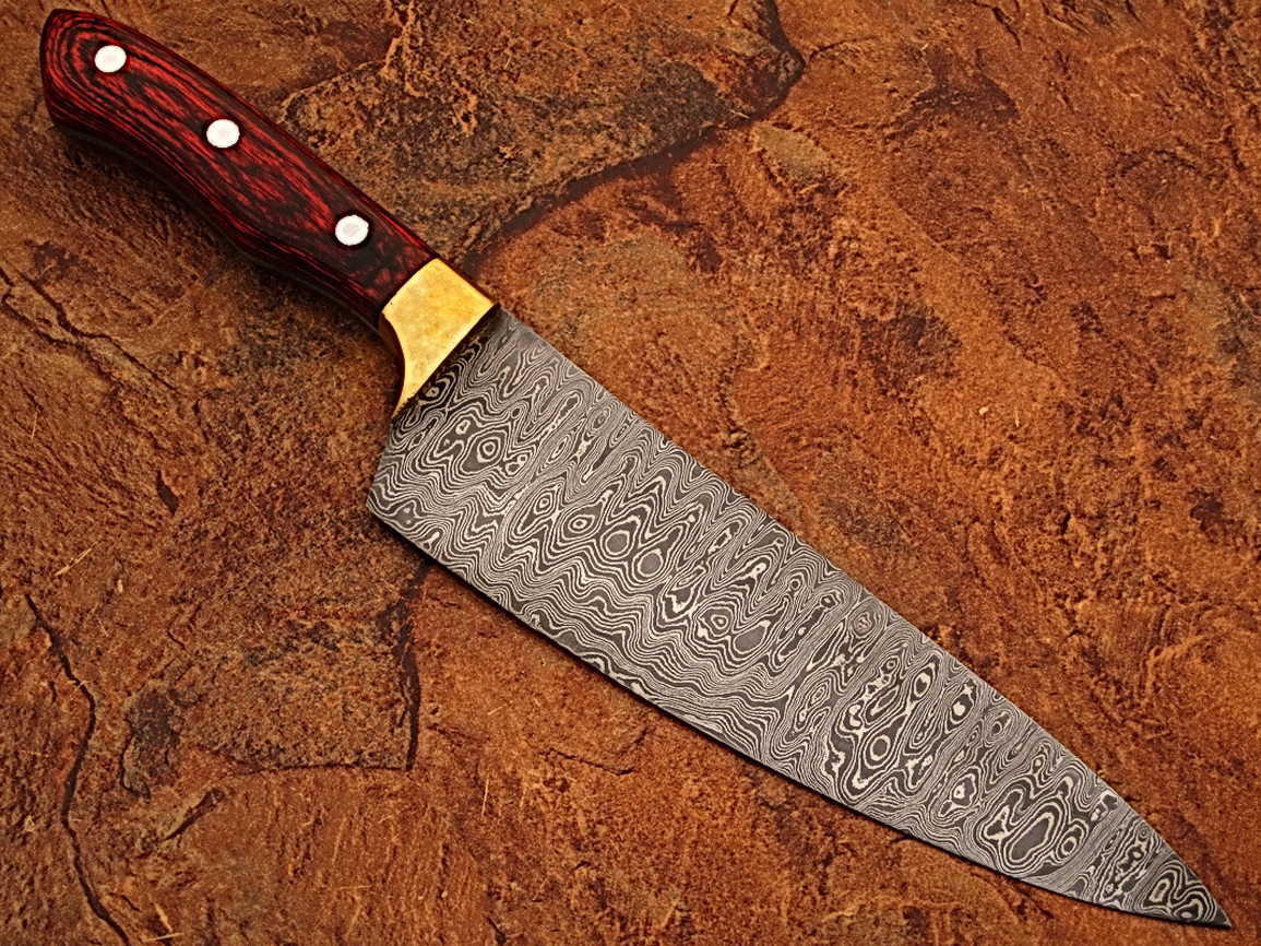 Custom Made Damascus Brass Guard Chef Knife Frost Wood Handle