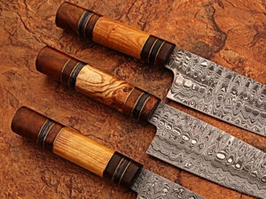 White Deer Custom Made Damascus Chef Knife Set of 3 Knife Olive Wood Handle