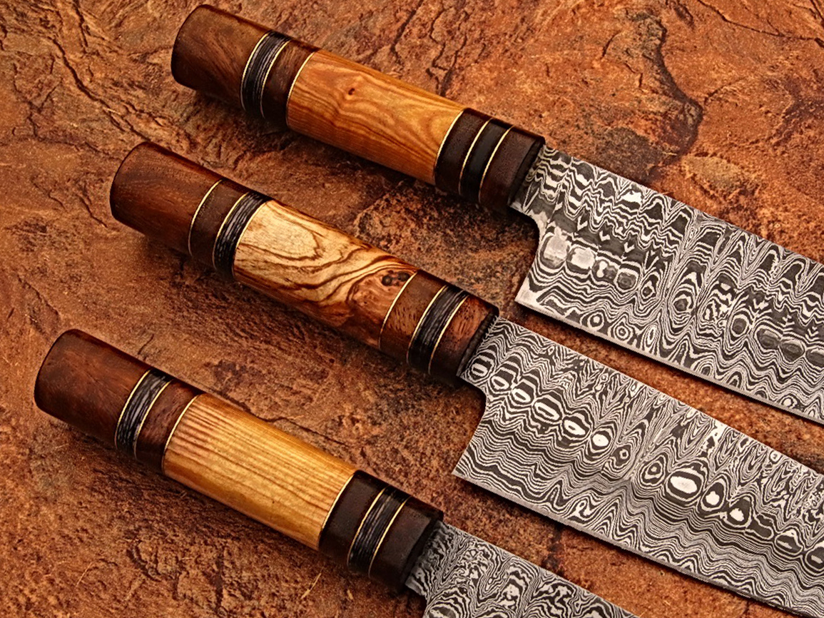 White Deer Custom Made Damascus Chef Knife Set of 3 Knife Olive Wood Handle