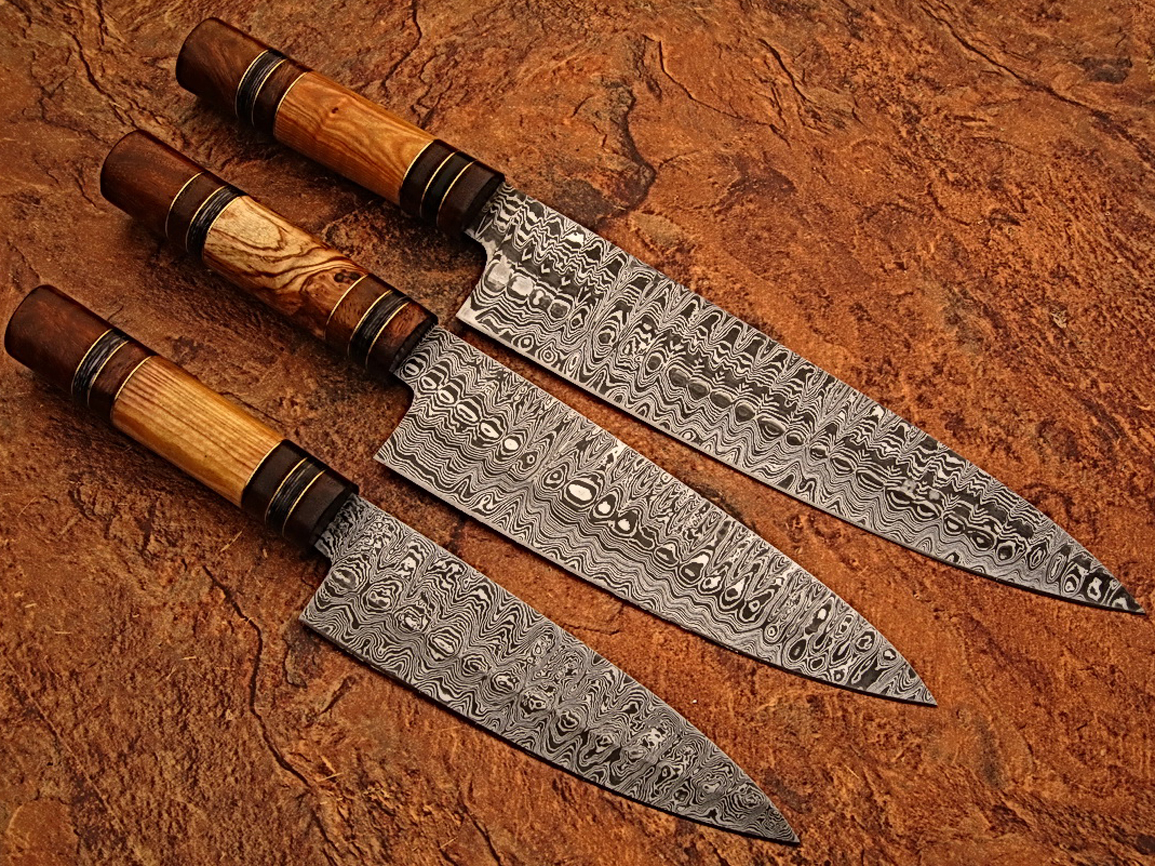 White Deer Custom Made Damascus Chef Knife Set of 3 Knife Olive Wood Handle