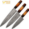 White Deer Custom Made Damascus Chef Knife Set of 3 Knife Olive Wood Handle