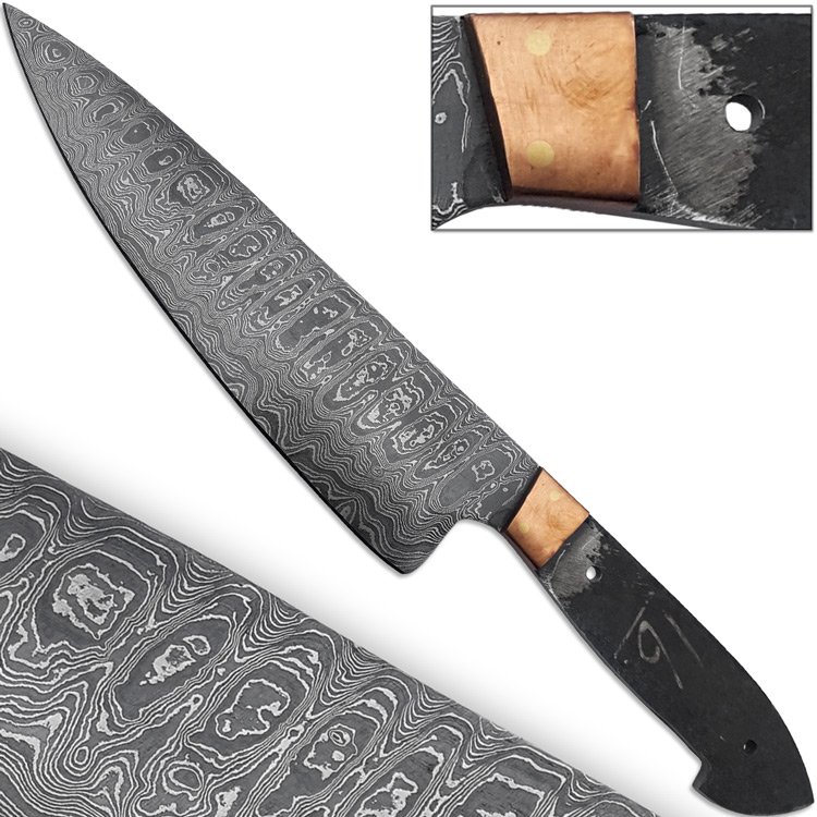 Damascus Steel Blank Santoku Chef Knife Copper Bolstered Cutlery
