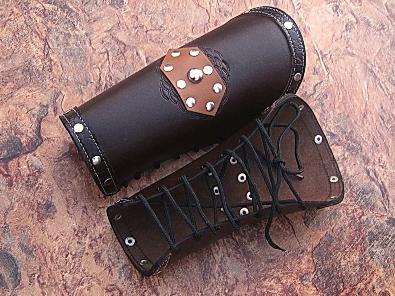 Assassins Guild Dark Leather Bracers Light Armor Brown Arm Cuffs Pair