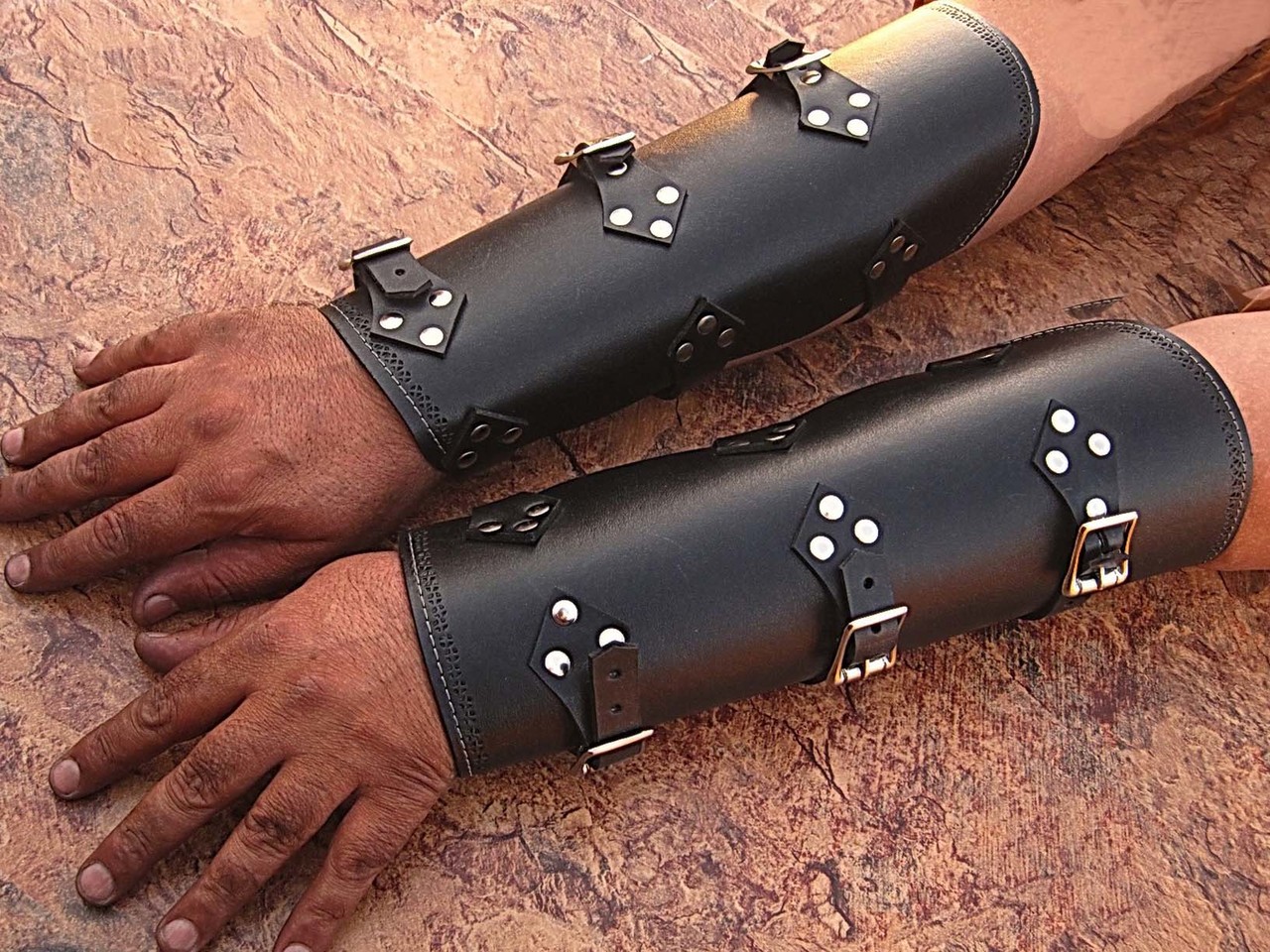 Black Leather Armor Pointed Tip Fantasy Medieval Cuff