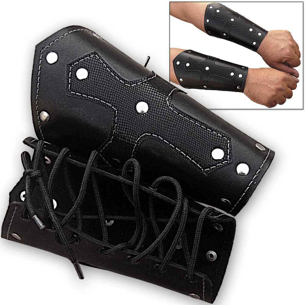 Biker Leather Cuffs (pair) Iron Cross Bracers Arm Armor Harley Black Studded