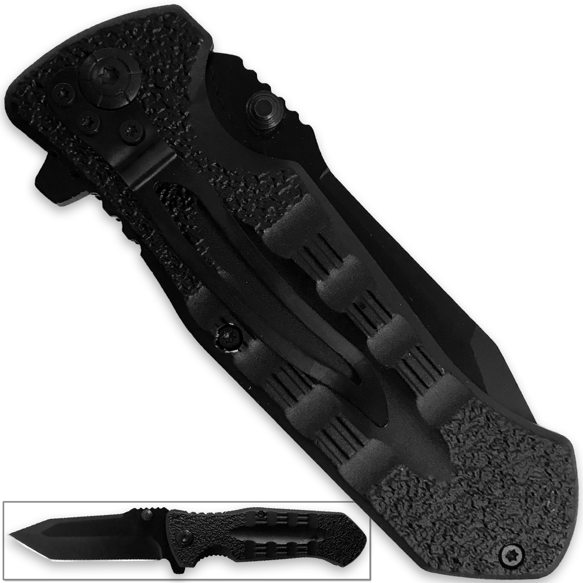 Into Harms Way Tanto Spring Assist Rescue Knife Easy Open Tactical EDC Folding Black