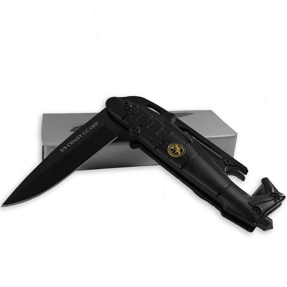 US Coast Guard Tactical Folding Knife Helicopter Black Seatbelt Cutter Spring Assist