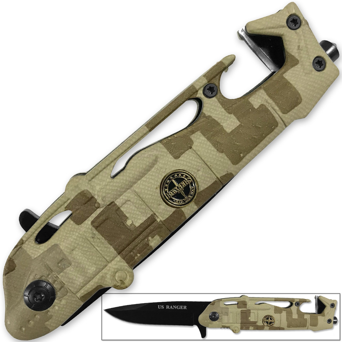 US Rangers Helicopter Tactical Folding Knife Spring Assist Emergency Desert Camo