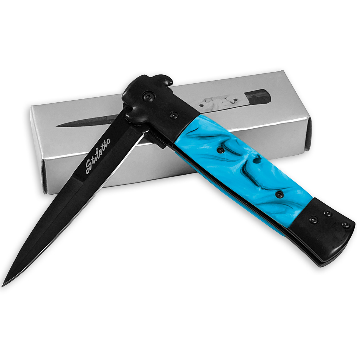 Stiletto Milano Godfather Kissing Crane Knives Legal Assisted Opening Knife Blue Pearl