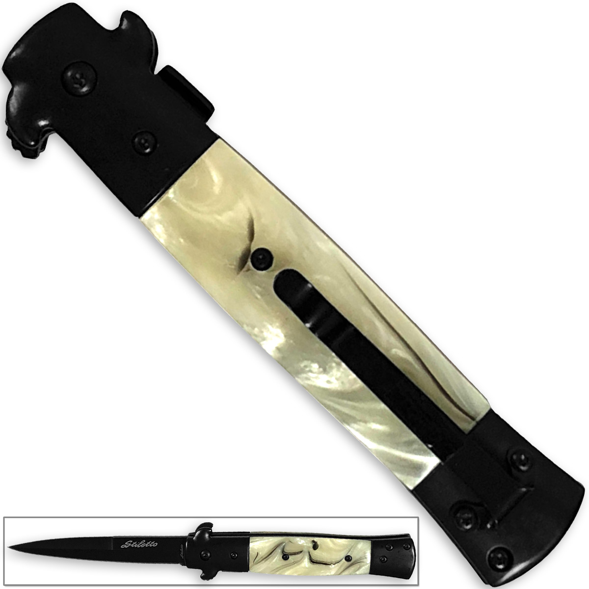 Stiletto Godfather Milano Kissing Crane Knife Legal Assisted Opening Knives White Pearl