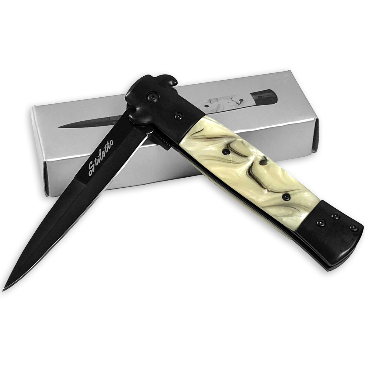 Stiletto Godfather Milano Kissing Crane Knife Legal Assisted Opening Knives White Pearl