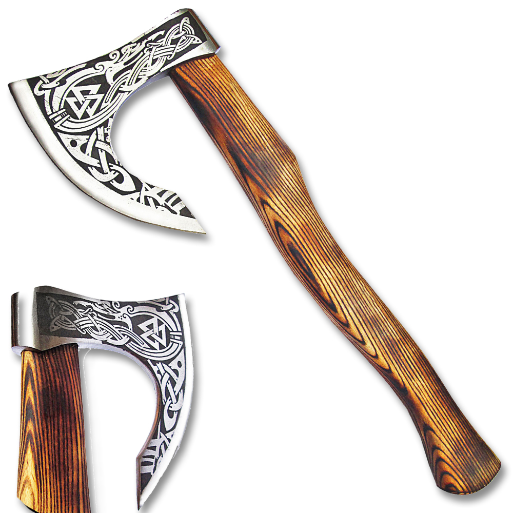 Odin, God of War Viking Axe W/Etched Carbon J2 Steel Head Custom Hand Forged