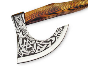 Odin, God of War Viking Axe W/Etched Carbon J2 Steel Head Custom Hand Forged
