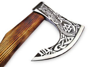 Odin, God of War Viking Axe W/Etched Carbon J2 Steel Head Custom Hand Forged