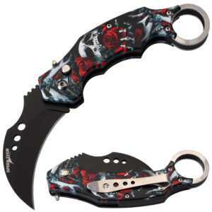 Automatic Karambit  Knife 3D Printed Red Rose & Skull Handle