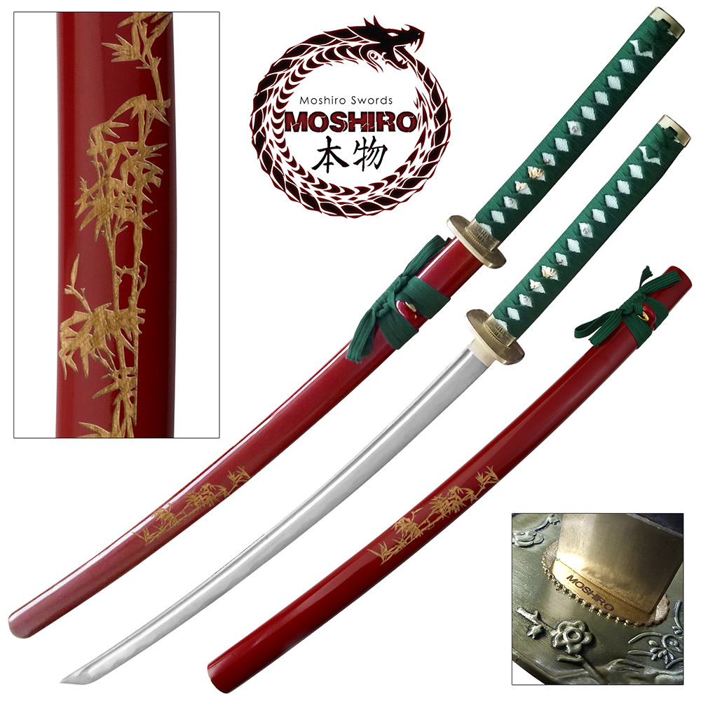 MOSHIRO 1045 Steel Handmade Katana With Bamboo Engraved on Red Scabbard