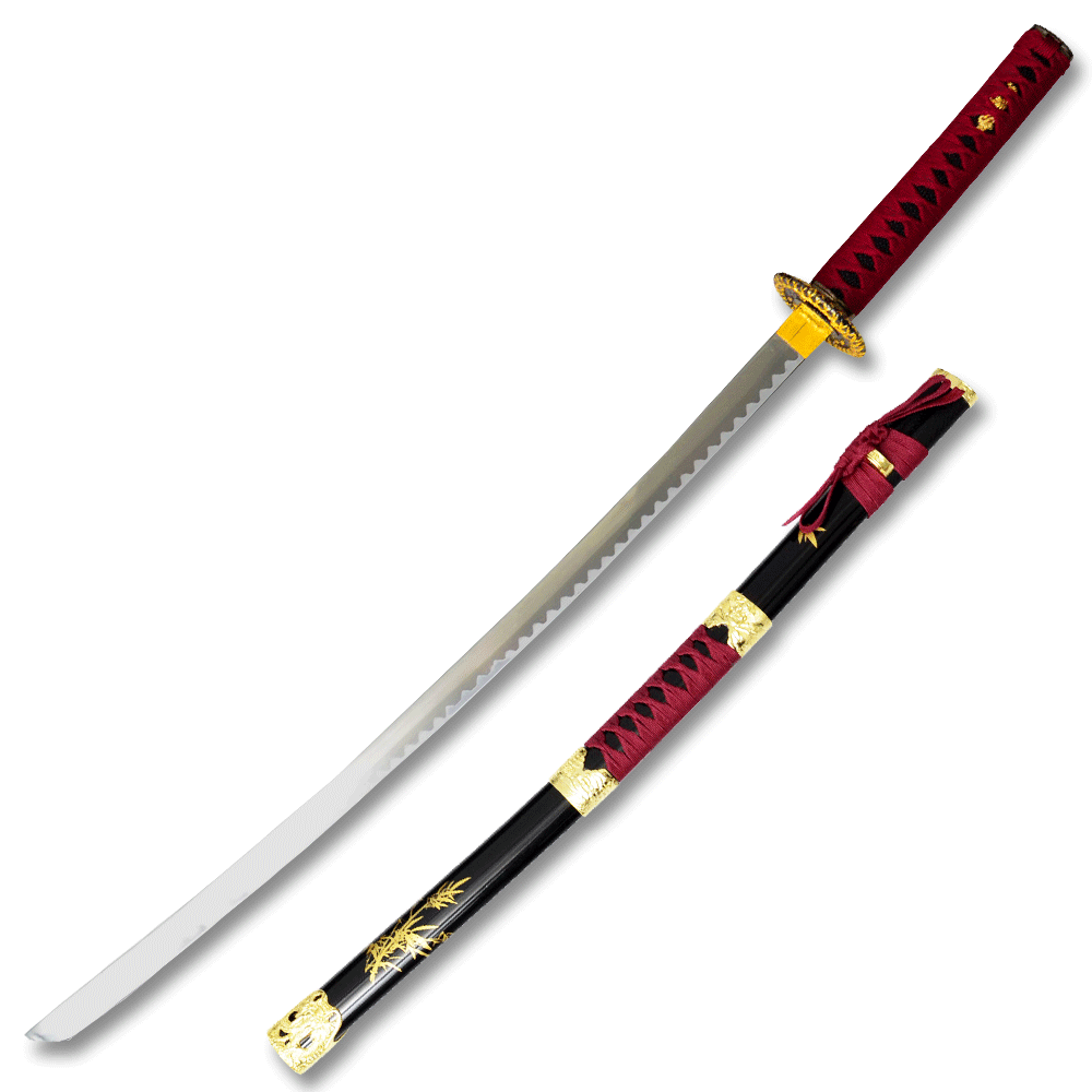 38.5" OVERALL RED SAMURAI SWORD WITH ATTACHED THROWING KNIFE