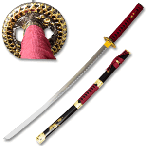 38.5" OVERALL RED SAMURAI SWORD WITH ATTACHED THROWING KNIFE