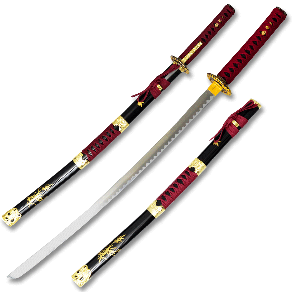 38.5" OVERALL RED SAMURAI SWORD WITH ATTACHED THROWING KNIFE