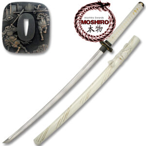 MOSHIRO Hand Sharpened Carbon Steel Katana with White Gold  Scabbard