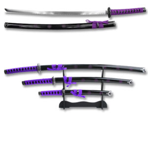 3 PCS  SAMURAI SWORD SET PURPLE COME W/TABLE STAND