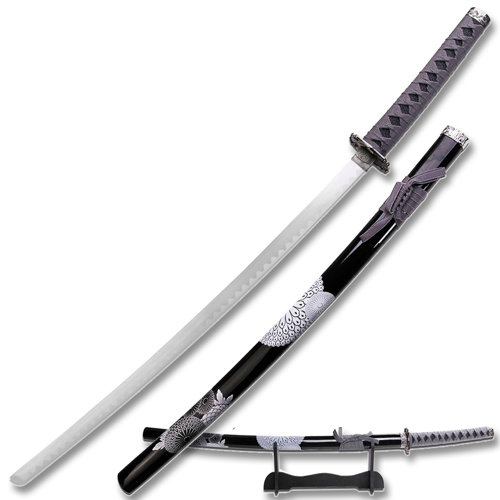 SAMURAI KATANA 40" OVERALL FLOWER PATTERN ON BLACK SCABBARD