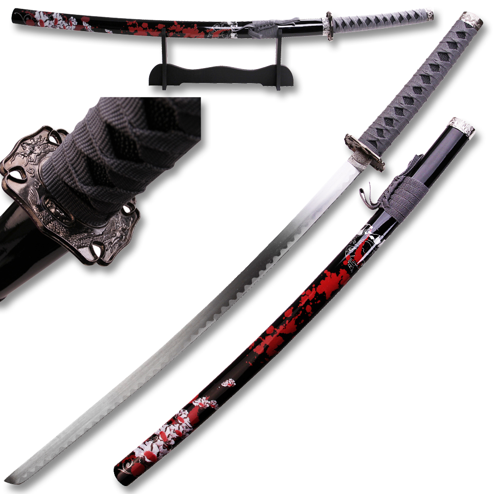 SAMURAI KATANA 40" OVERALL CHERRY BLOSSOM  PATTERN ON BLACK SCABBARD