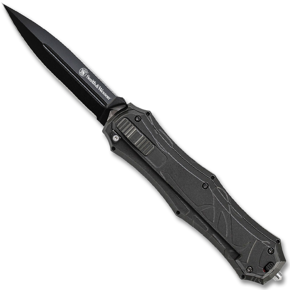 Smith & Wesson SWOTF9B OTF Assisted 3.6" Black Double Edge Blade, Black Aluminum Handles