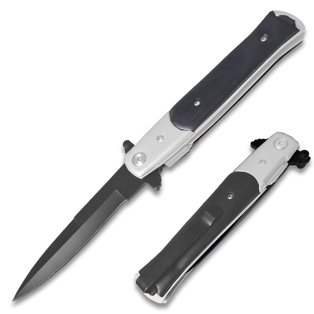 Assisted-Opening Tactical Folding Knife with Wood Handle - Silver & Black