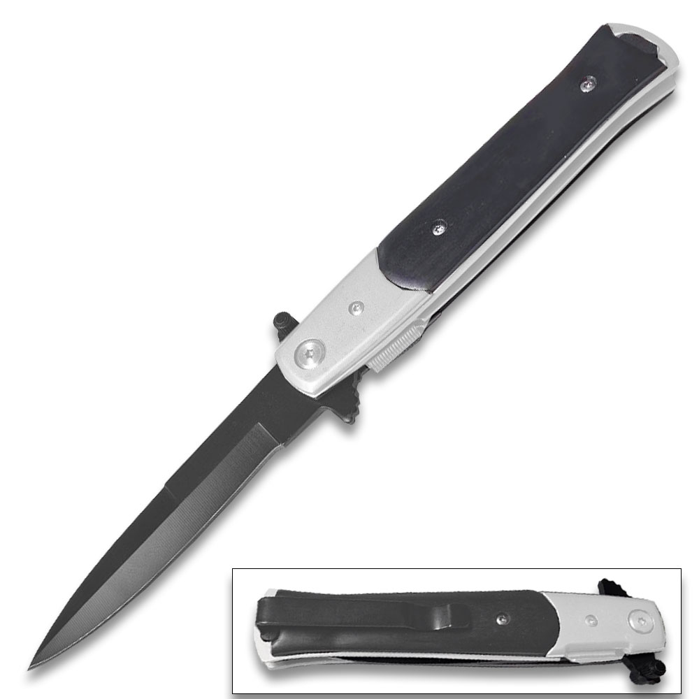 Assisted-Opening Tactical Folding Knife with Wood Handle - Silver & Black