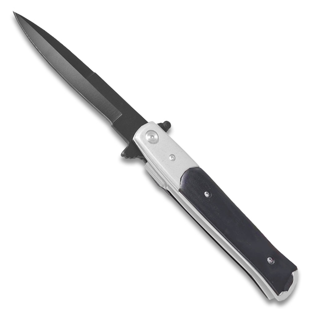 Assisted-Opening Tactical Folding Knife with Wood Handle - Silver & Black