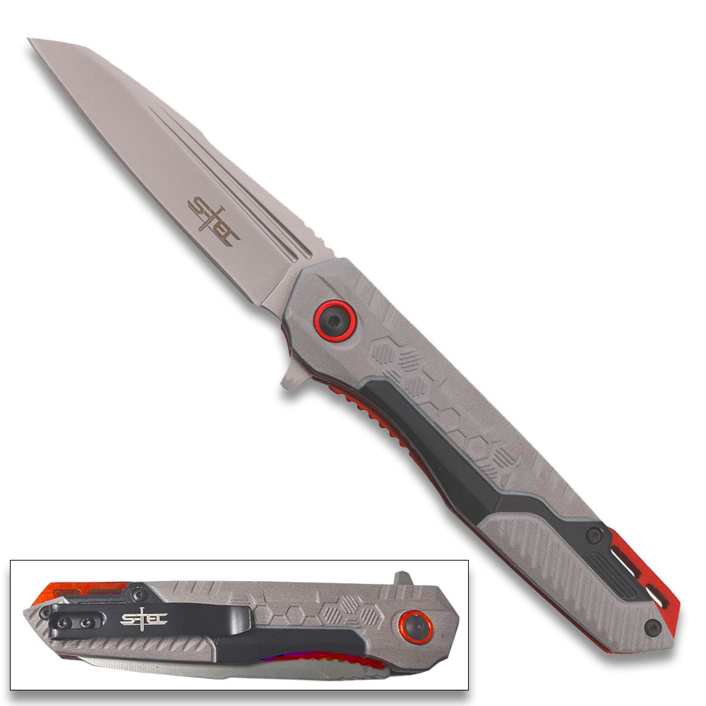 Tactical Grey & Red Assisted Opening Folding Knife