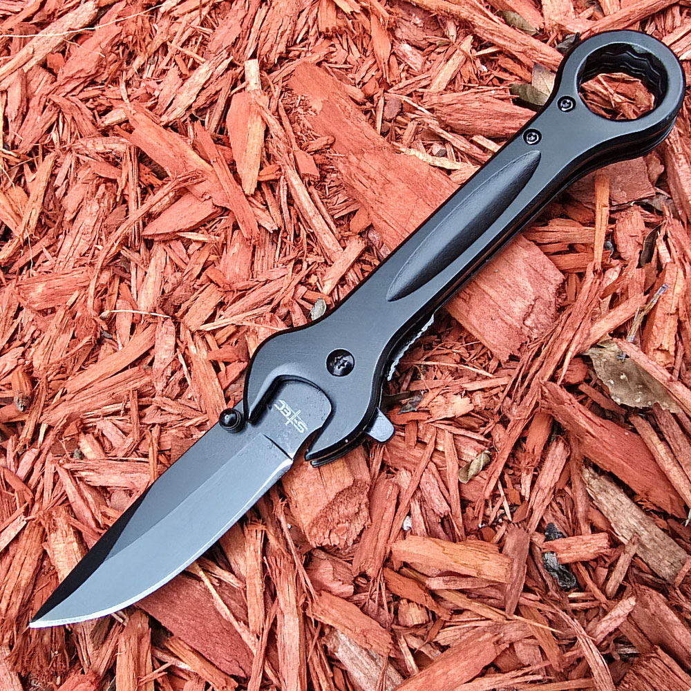 Spring Assist Folding Knife & Wrench Multitool - Black