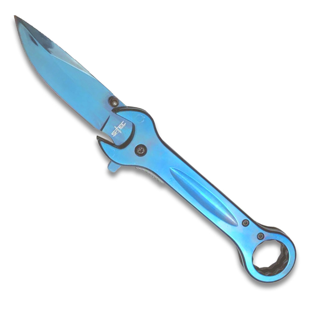 Spring Assist Folding Knife & Wrench Multitool - Blue
