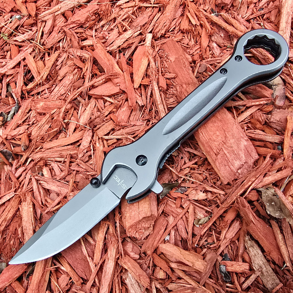 Spring Assist Folding Knife & Wrench Multitool - Grey