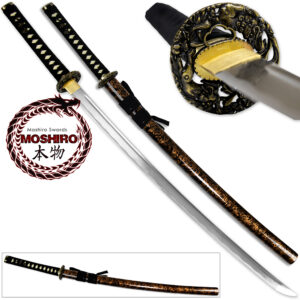MOSHIRO 1045 High Carbon Steel Blade Glossy Black and Gold Splash Wood Scabbard. Limited Edition